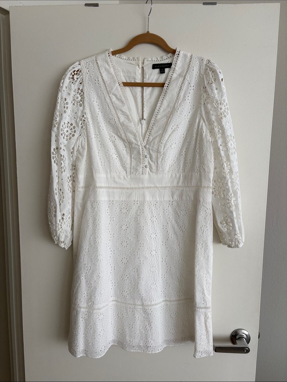 Banana Republic White Eyelet V-Neck Mini Dress with Puff Sleeves
